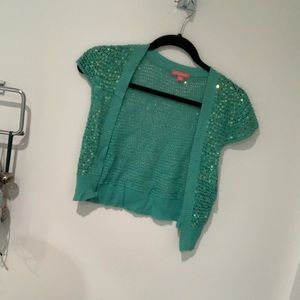 Vintage Y2K aquamarine crochet spangle sparkle shrug